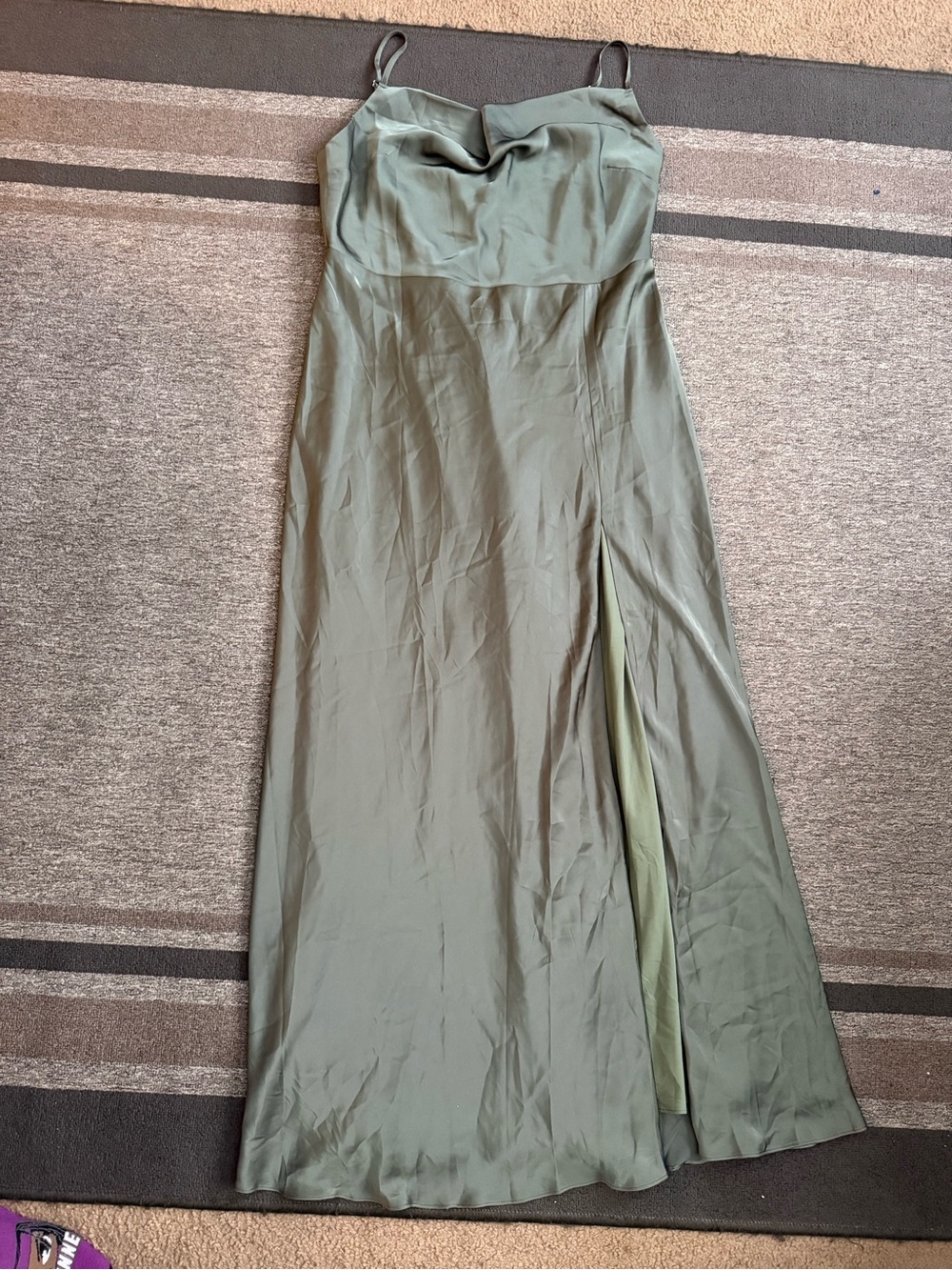 Olive Green Satin Slip Dress with Side Slit